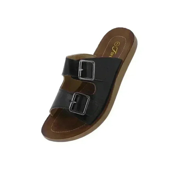 Women’s Black Open Toe Dual Buckle Strap Slide - Picture 1 of 5